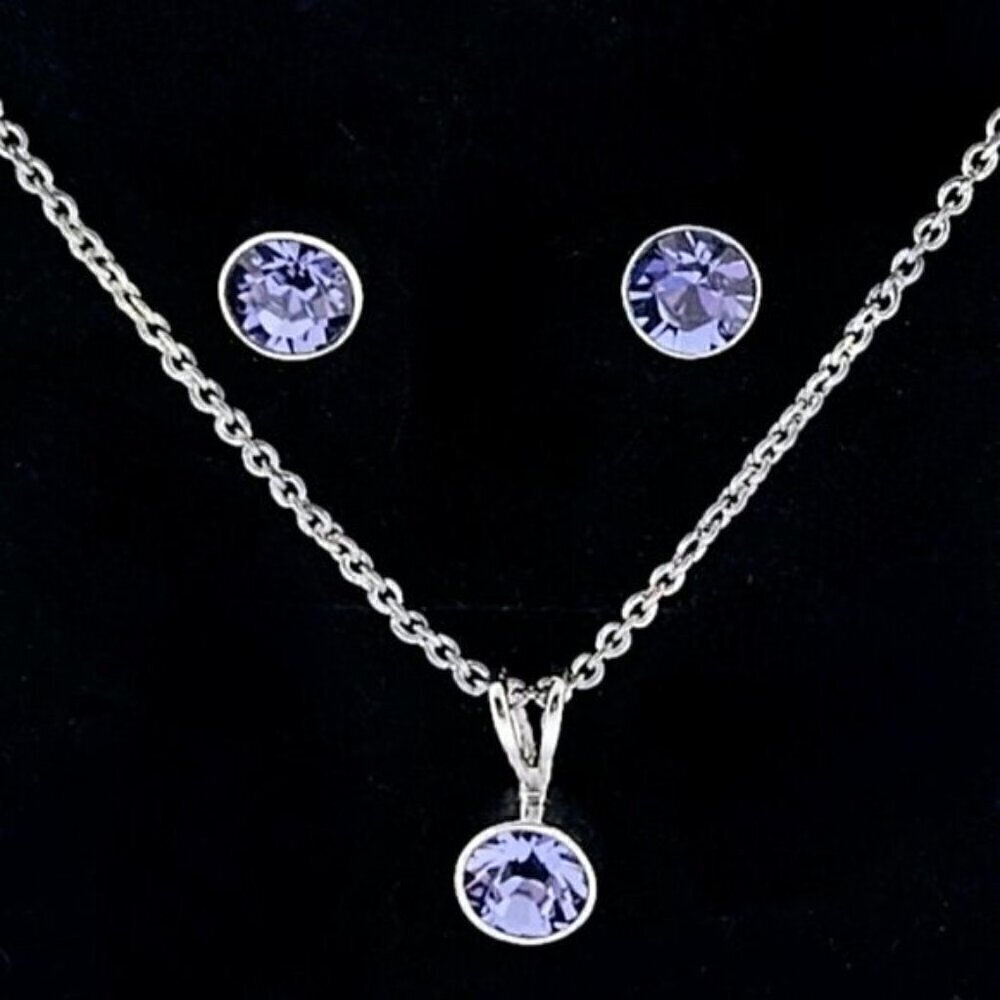Silver-Tone Violet Crystal Necklace & Stud Earrings Jewelry Set